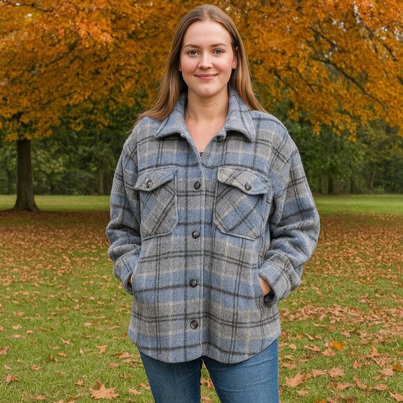 Jade & Ivory Blue and Gray Plaid Wool Blend Shacket with Pockets - XL - Picture 1 of 10